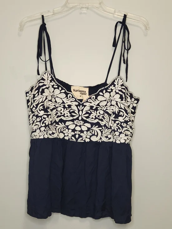 Savanna Jane Navy Floral Embroidered Tie-Strap Tank Top Size Medium NWT - Picture 4 of 11